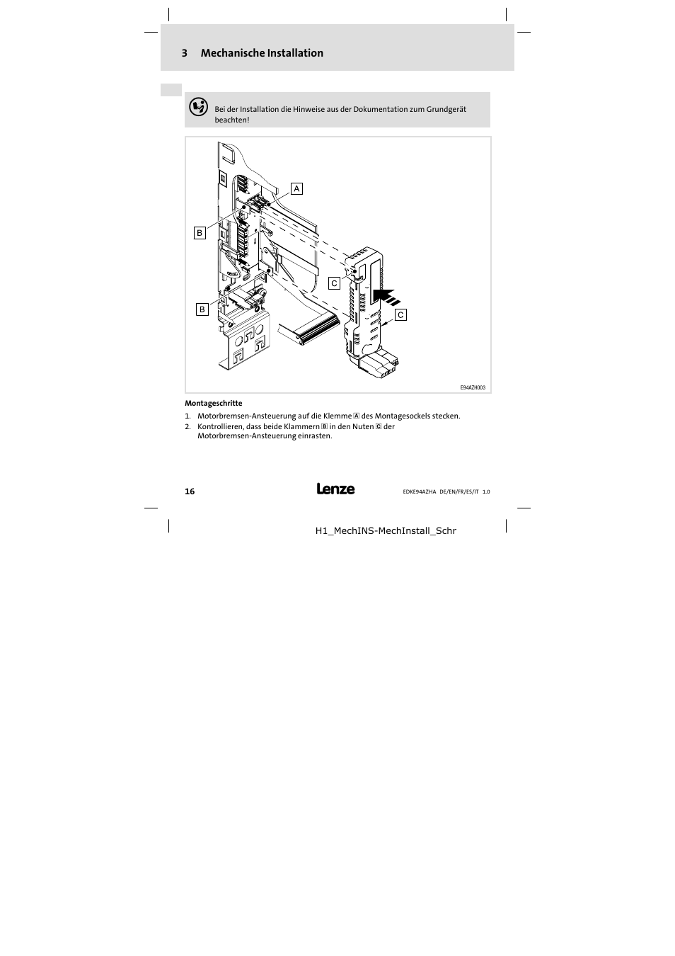 3 mechanische installation, Mechanische installation, 3mechanische installation | Lenze E94AZHA0051 User Manual | Page 16 / 104