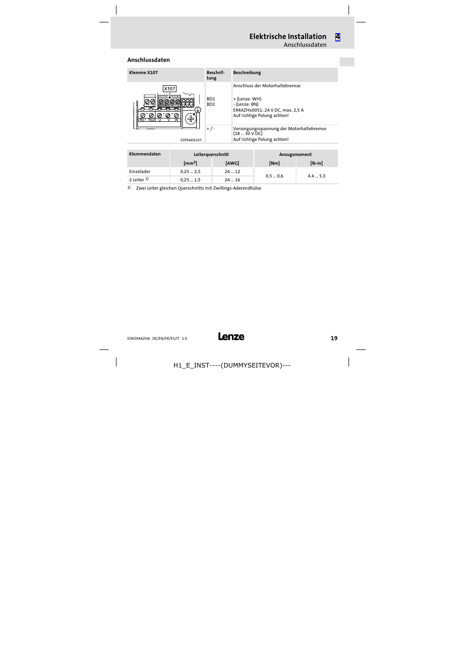 Anschlussdaten, Elektrische installation | Lenze E94AZHA0051 User Manual | Page 19 / 104