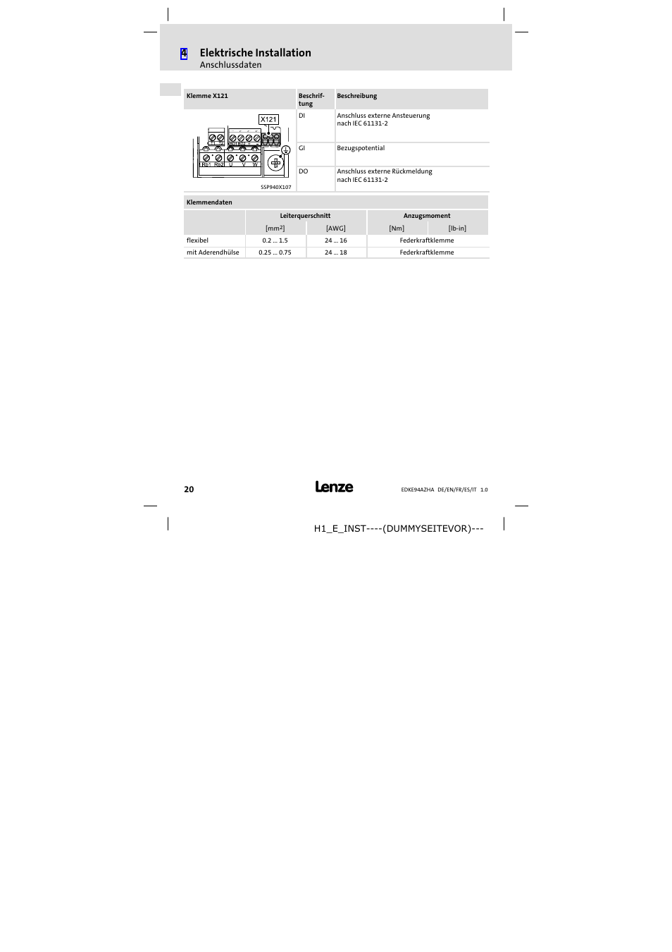 4elektrische installation | Lenze E94AZHA0051 User Manual | Page 20 / 104