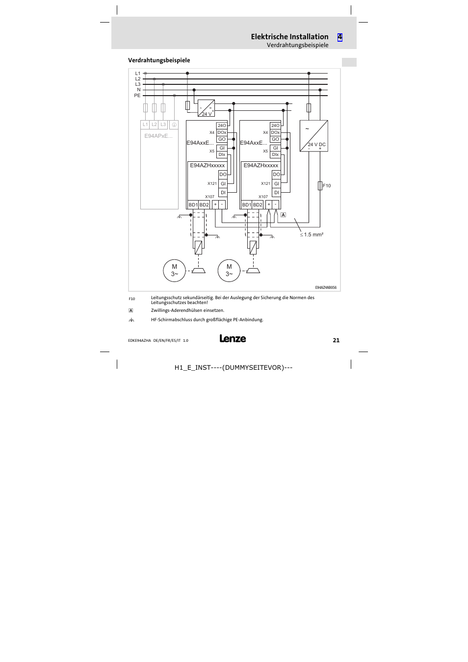 Verdrahtungsbeispiele, Elektrische installation | Lenze E94AZHA0051 User Manual | Page 21 / 104