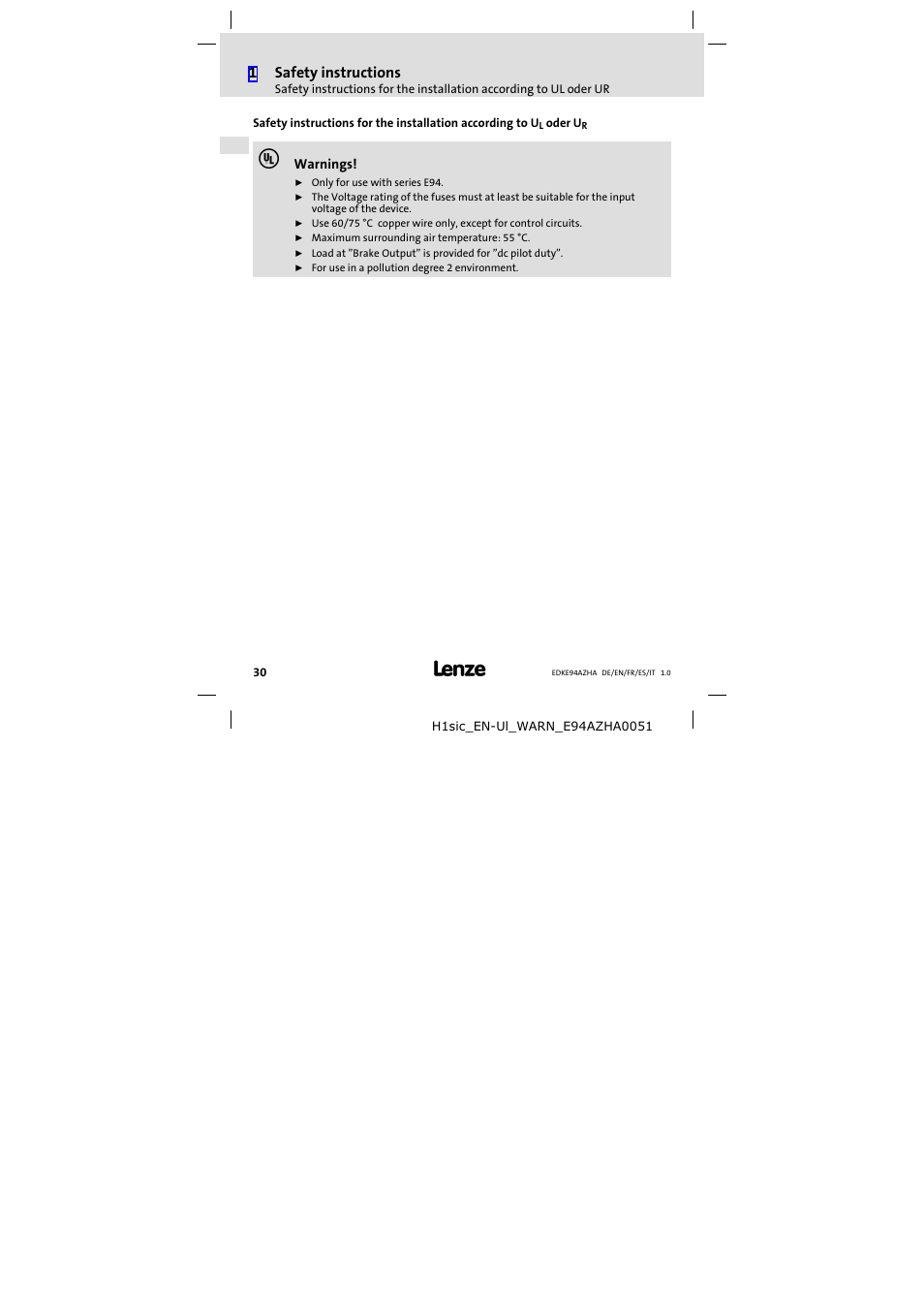 1safety instructions | Lenze E94AZHA0051 User Manual | Page 30 / 104