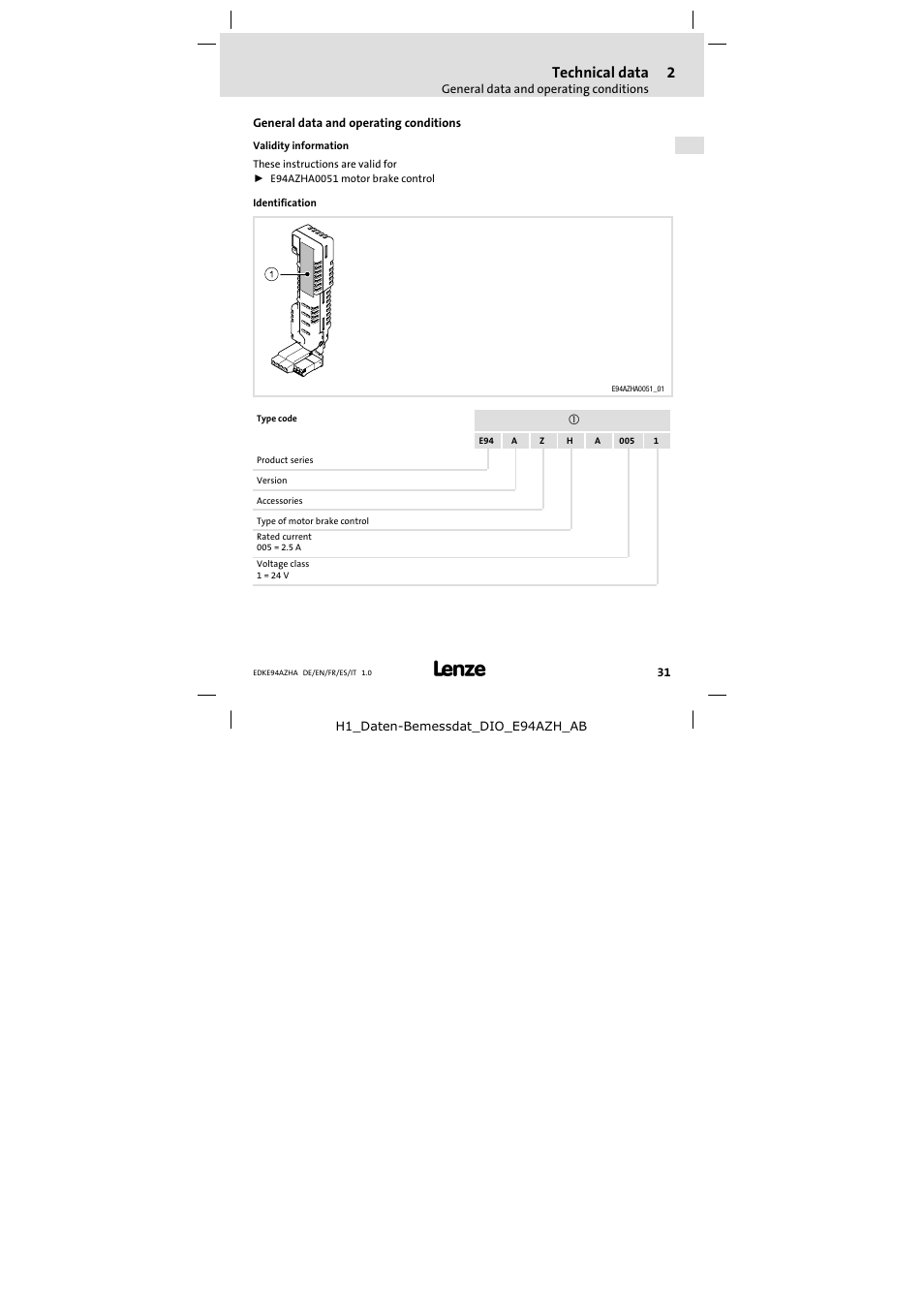 2 technical data, General data and operating conditions, Technical data | Lenze E94AZHA0051 User Manual | Page 31 / 104