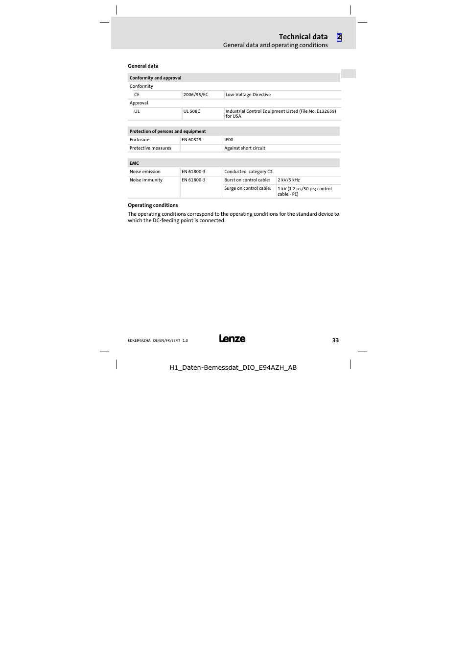 Technical data | Lenze E94AZHA0051 User Manual | Page 33 / 104