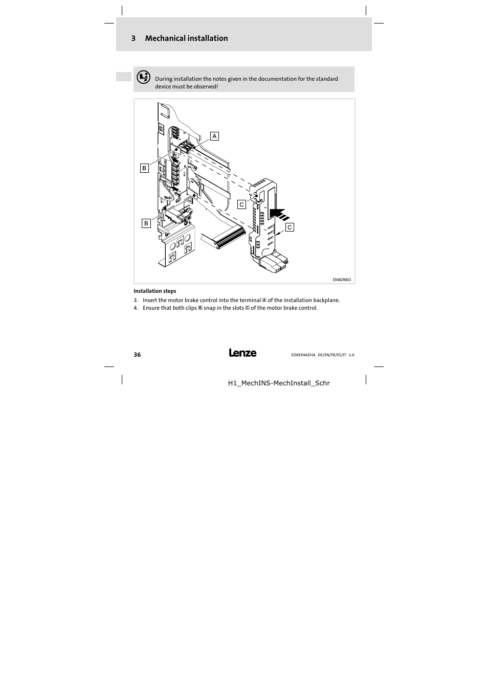 3 mechanical installation, Mechanical installation, 3mechanical installation | Lenze E94AZHA0051 User Manual | Page 36 / 104