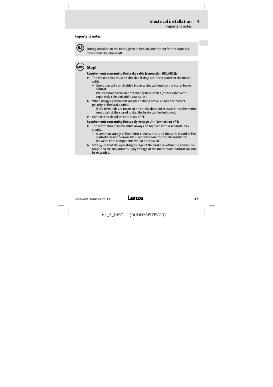 4 electrical installation, Important notes, Electrical installation | Lenze E94AZHA0051 User Manual | Page 37 / 104