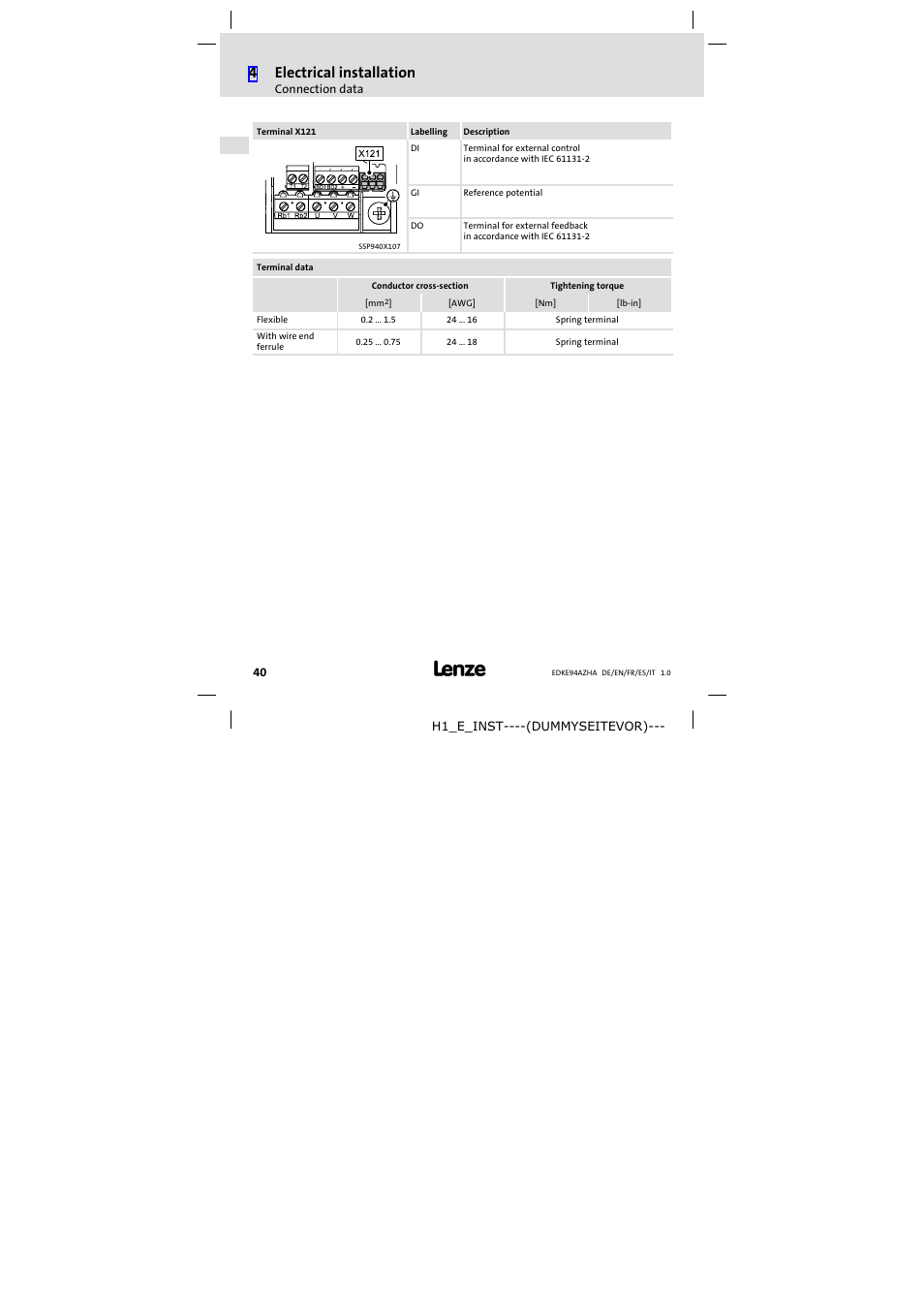 4electrical installation | Lenze E94AZHA0051 User Manual | Page 40 / 104