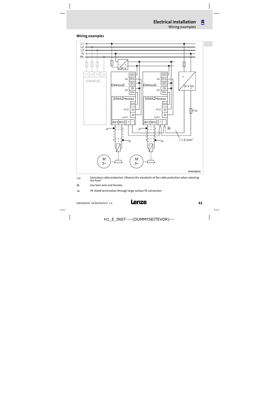 Wiring examples, Electrical installation | Lenze E94AZHA0051 User Manual | Page 41 / 104