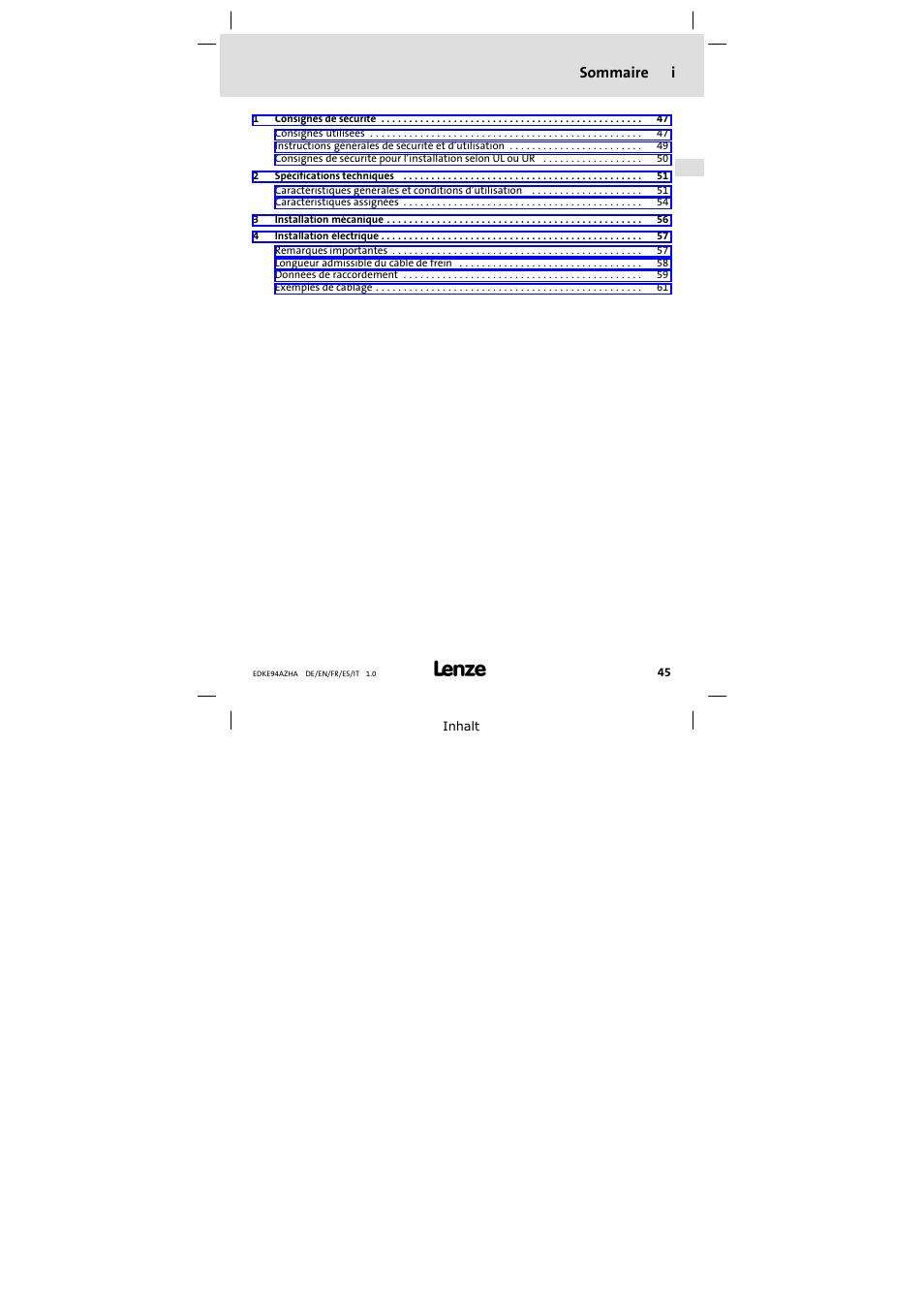 Sommaire, Sommaire i | Lenze E94AZHA0051 User Manual | Page 45 / 104