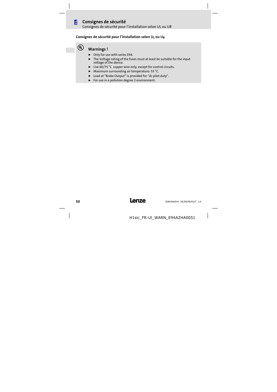 1consignes de sécurité | Lenze E94AZHA0051 User Manual | Page 50 / 104