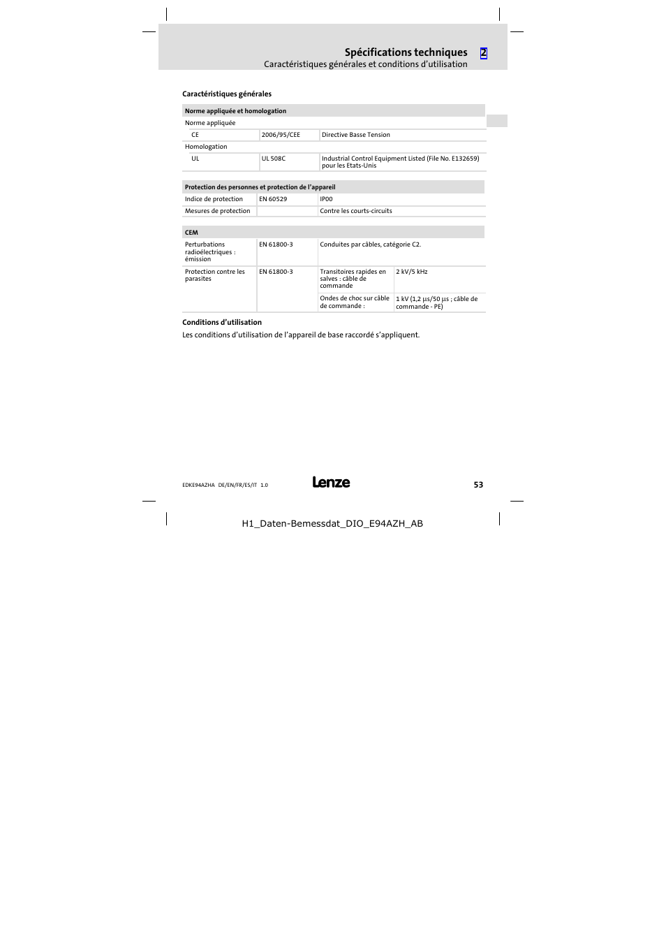 Spécifications techniques | Lenze E94AZHA0051 User Manual | Page 53 / 104