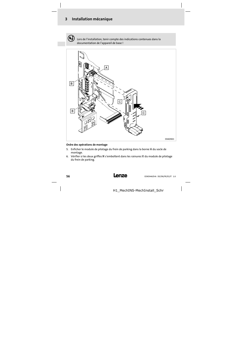 3 installation mécanique, Installation mécanique, 3installation mécanique | Lenze E94AZHA0051 User Manual | Page 56 / 104