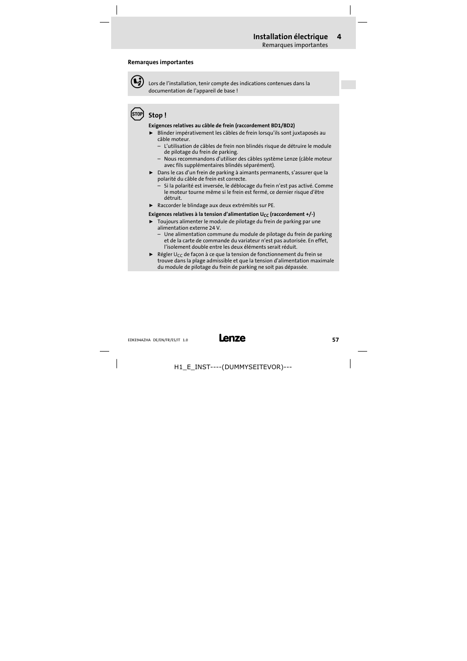 4 installation électrique, Remarques importantes, Installation électrique | Lenze E94AZHA0051 User Manual | Page 57 / 104