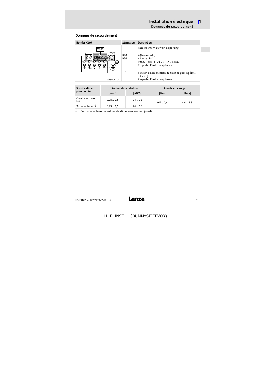 Données de raccordement, Installation électrique | Lenze E94AZHA0051 User Manual | Page 59 / 104
