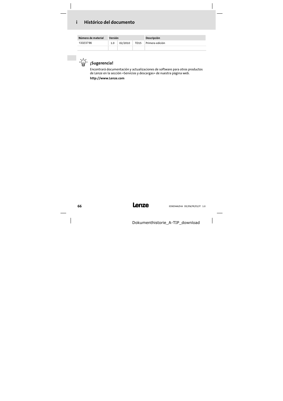 Histórico del documento, Ihistórico del documento | Lenze E94AZHA0051 User Manual | Page 66 / 104