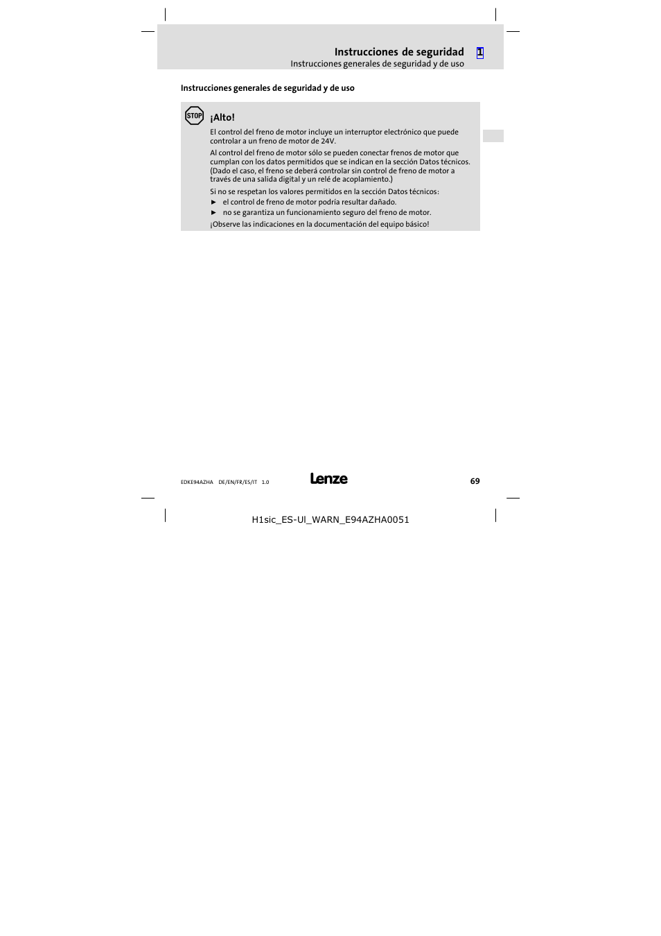 Instrucciones generales de seguridad y de uso | Lenze E94AZHA0051 User Manual | Page 69 / 104