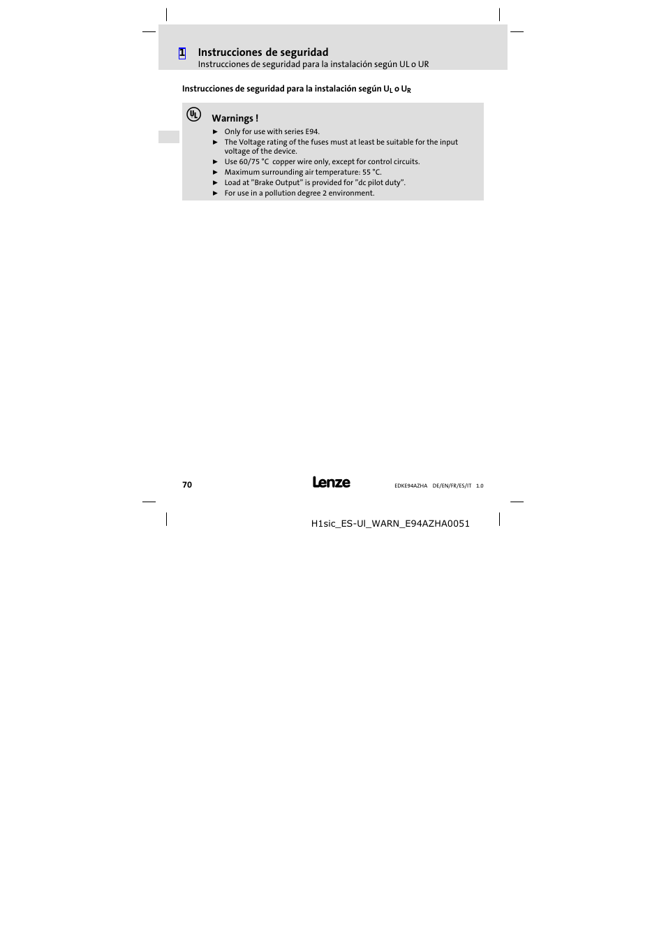 1instrucciones de seguridad | Lenze E94AZHA0051 User Manual | Page 70 / 104