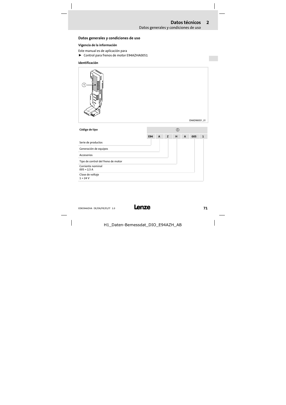 2 datos técnicos, Datos generales y condiciones de uso, Datos técnicos | Lenze E94AZHA0051 User Manual | Page 71 / 104