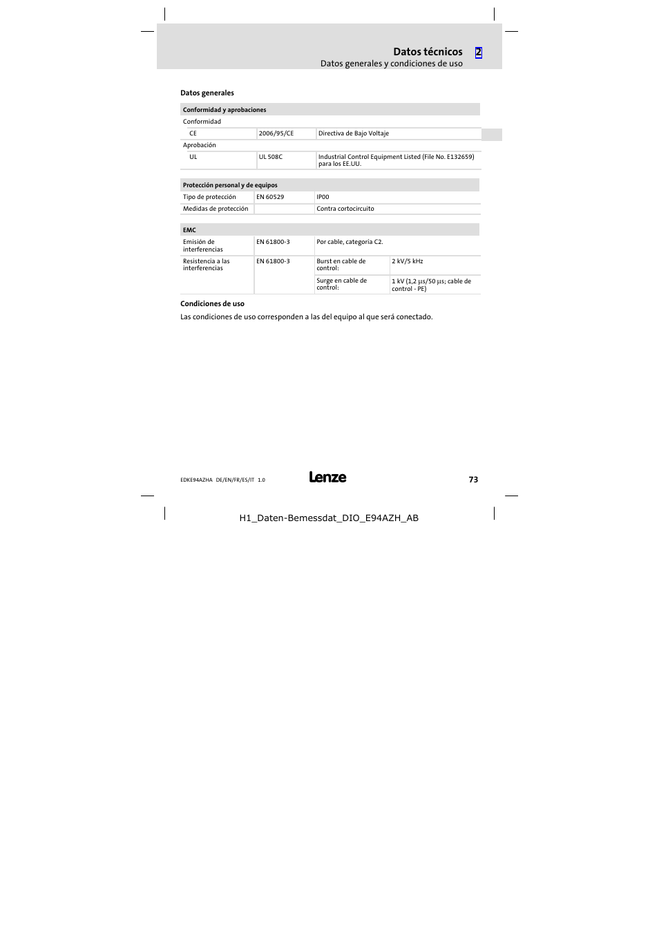 Datos técnicos | Lenze E94AZHA0051 User Manual | Page 73 / 104