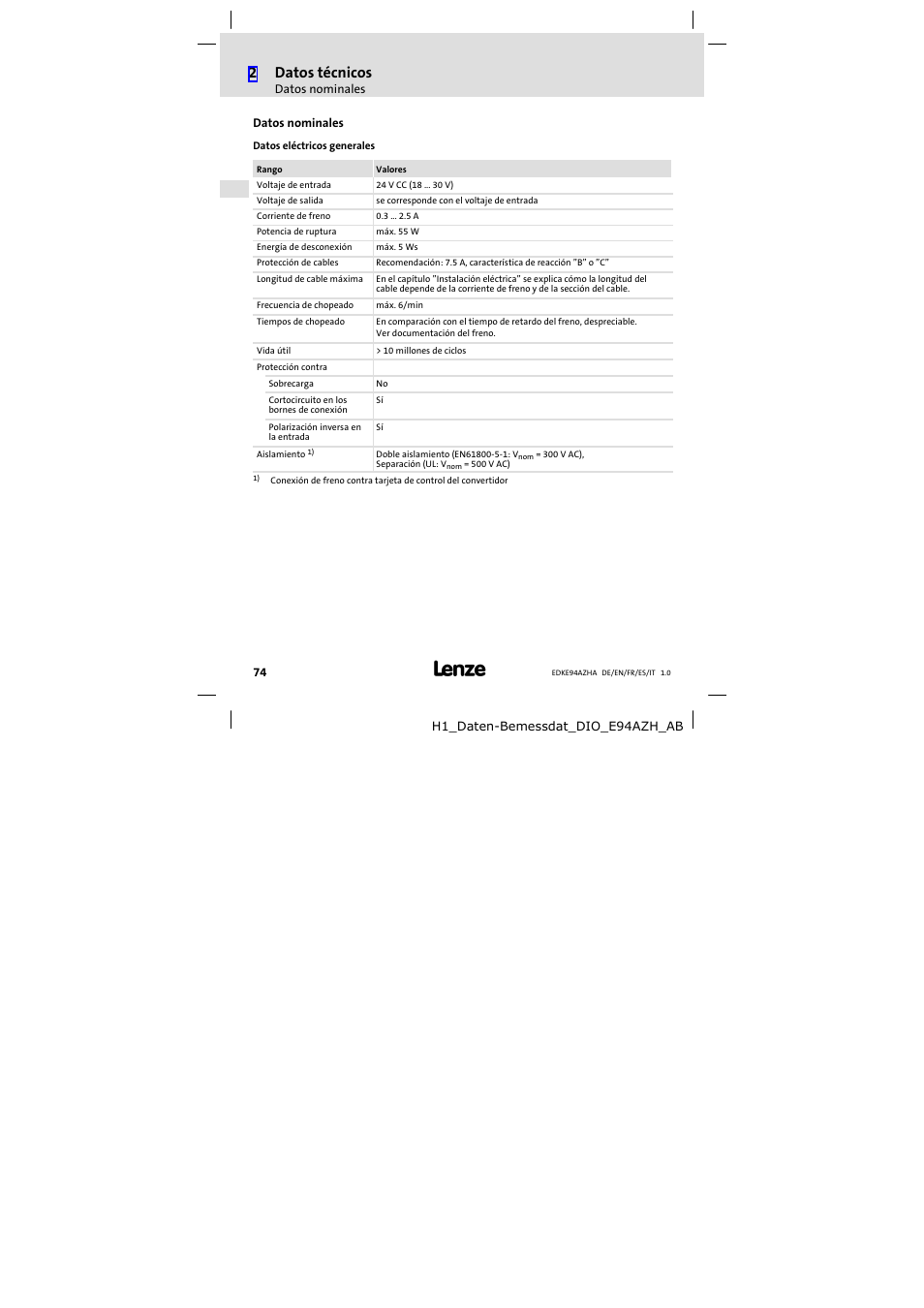 Datos nominales, 2datos técnicos | Lenze E94AZHA0051 User Manual | Page 74 / 104