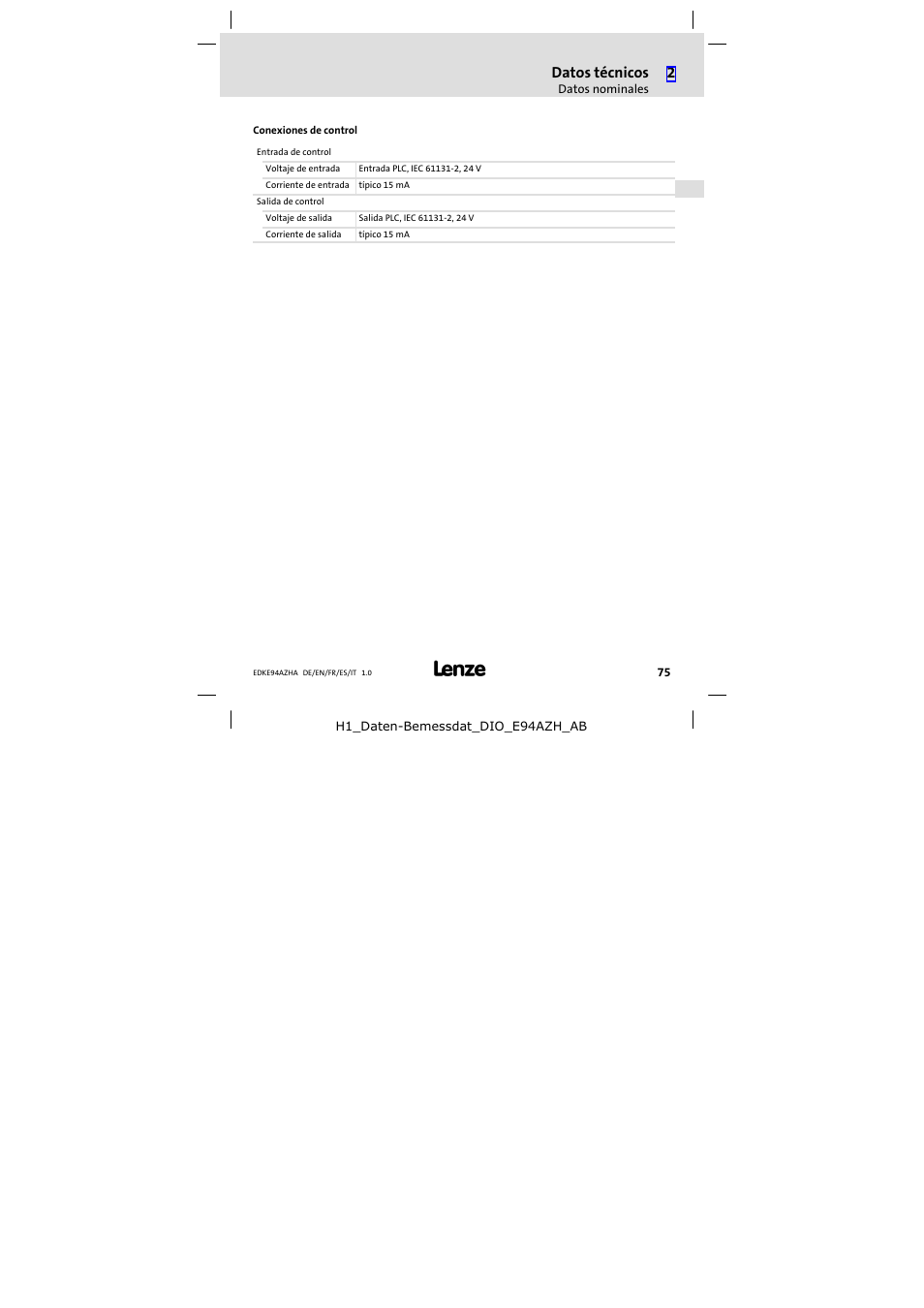 Datos técnicos | Lenze E94AZHA0051 User Manual | Page 75 / 104