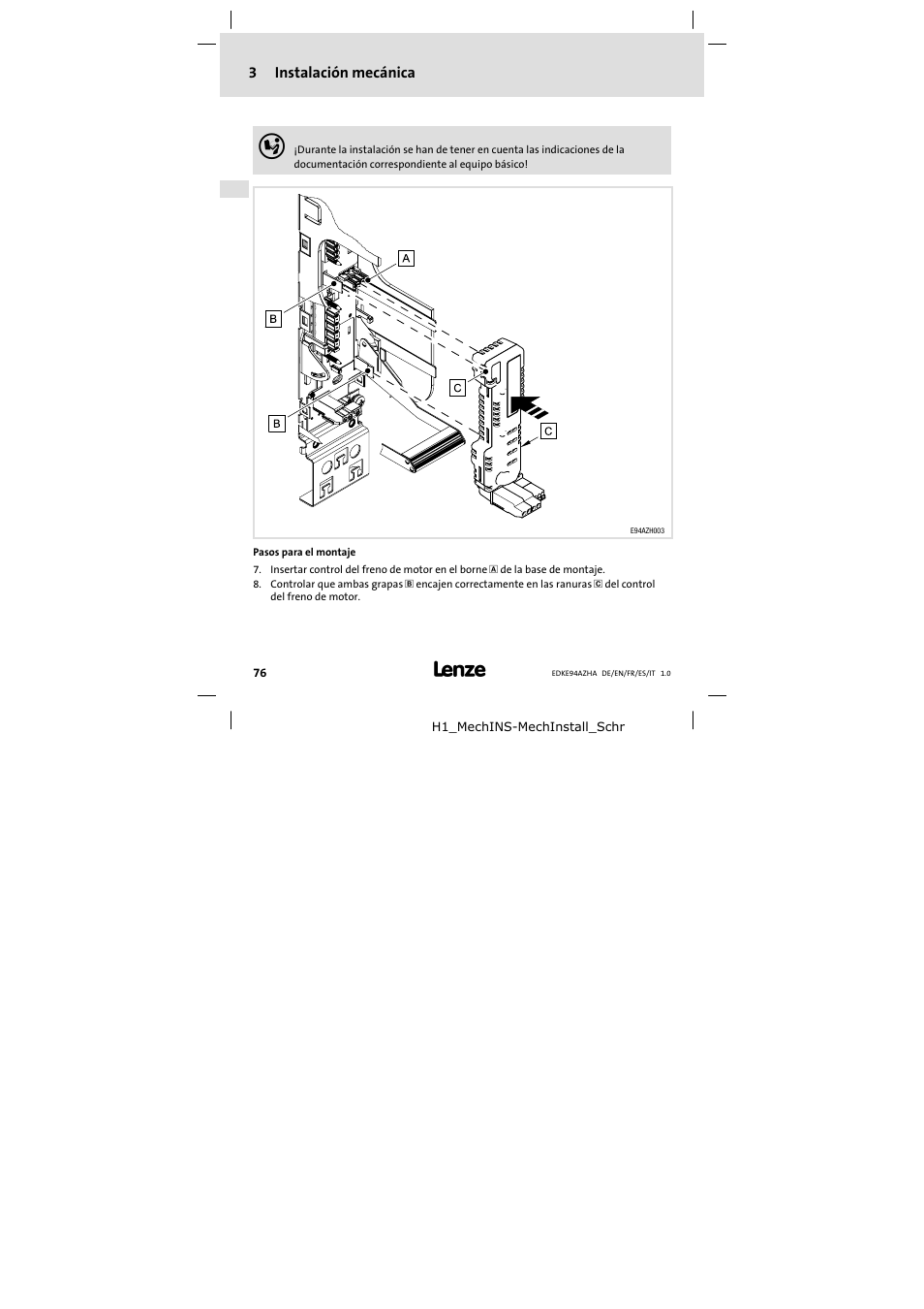 3 instalación mecánica, Instalación mecánica, 3instalación mecánica | Lenze E94AZHA0051 User Manual | Page 76 / 104