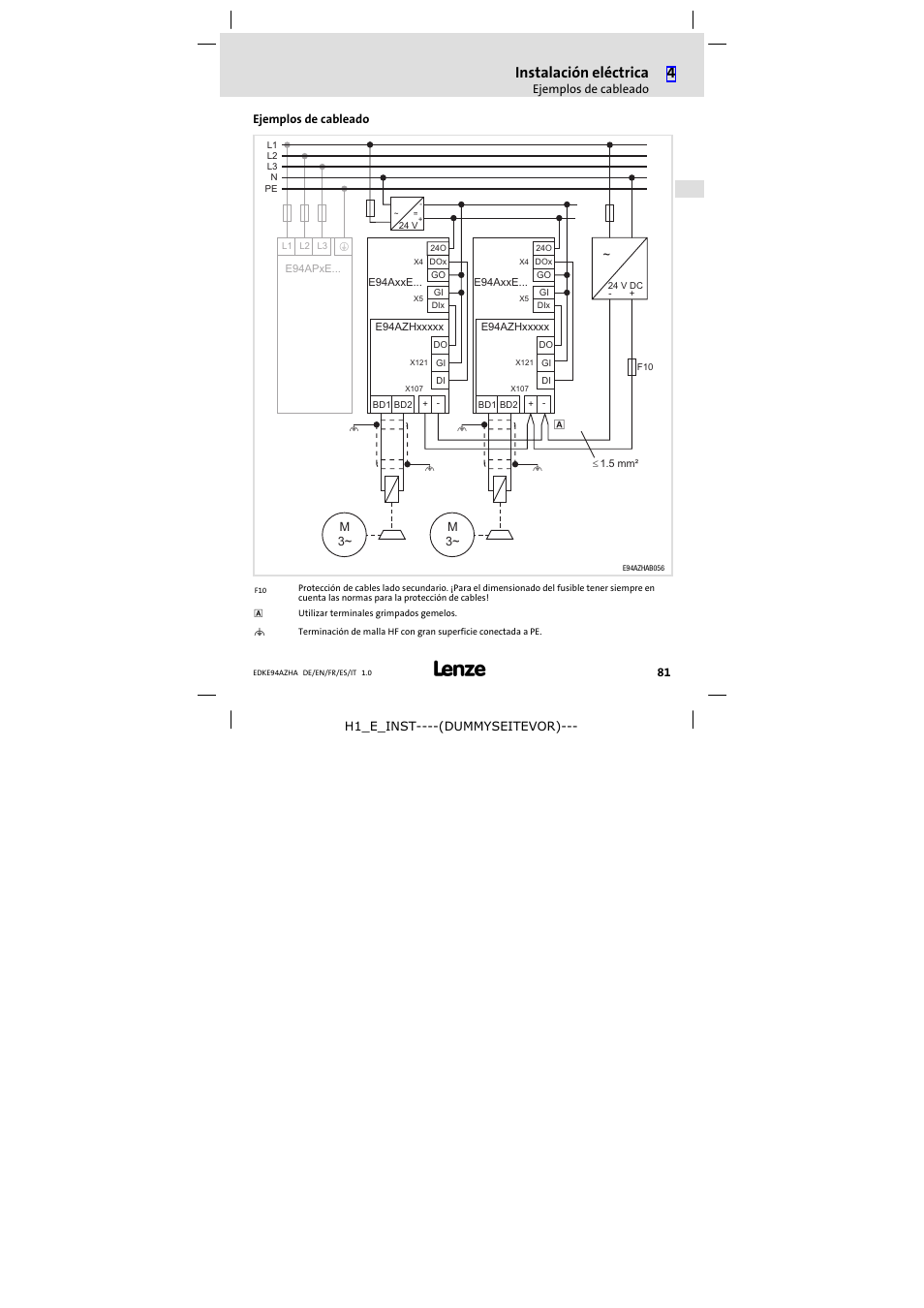 Ejemplos de cableado, Instalación eléctrica | Lenze E94AZHA0051 User Manual | Page 81 / 104