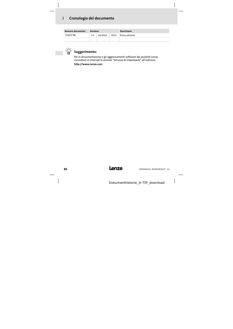 Cronologia del documento, Icronologia del documento | Lenze E94AZHA0051 User Manual | Page 86 / 104