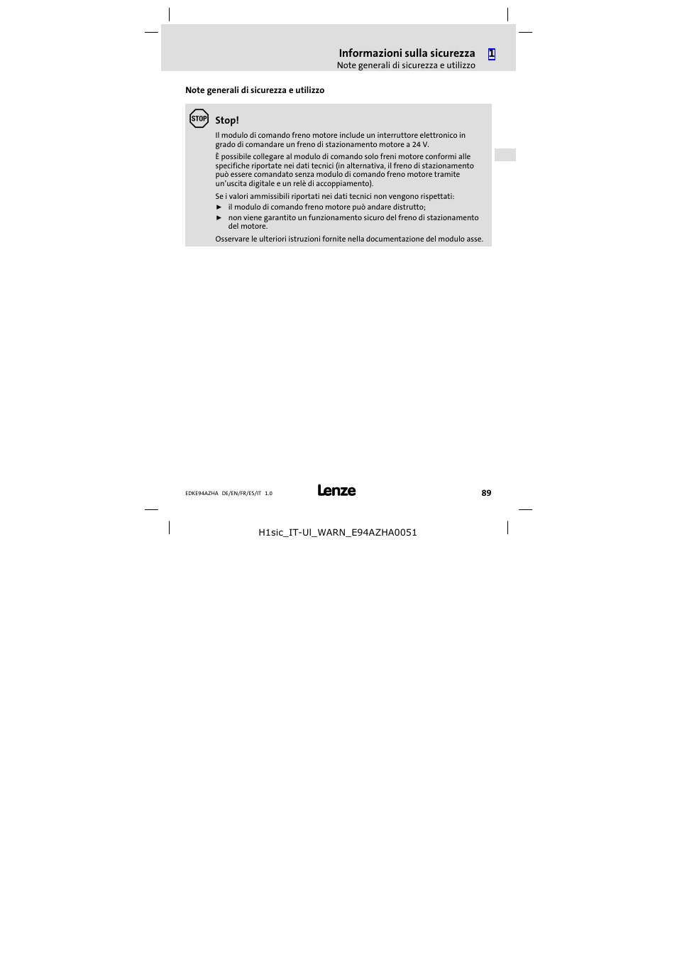 Note generali di sicurezza e utilizzo | Lenze E94AZHA0051 User Manual | Page 89 / 104