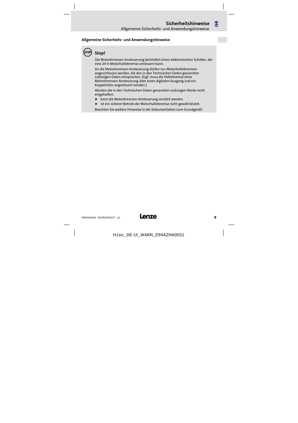 Allgemeine sicherheits- und anwendungshinweise, Allgemeine sicherheits− und anwendungshinweise | Lenze E94AZHA0051 User Manual | Page 9 / 104