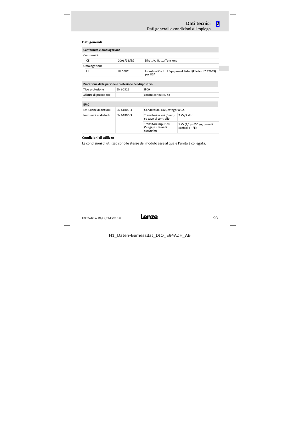 Dati tecnici | Lenze E94AZHA0051 User Manual | Page 93 / 104