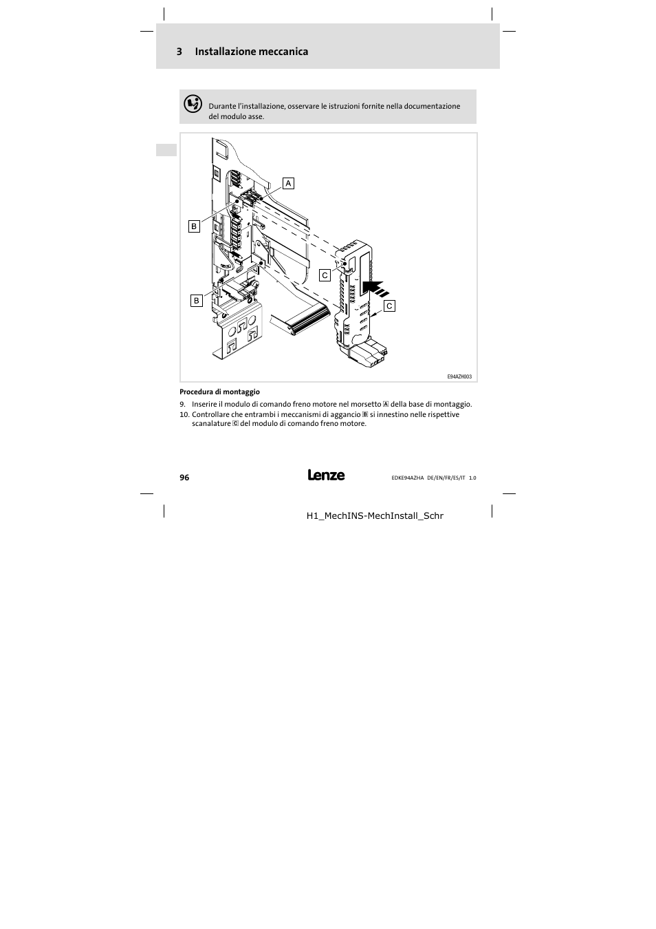 3 installazione meccanica, Installazione meccanica, 3installazione meccanica | Lenze E94AZHA0051 User Manual | Page 96 / 104