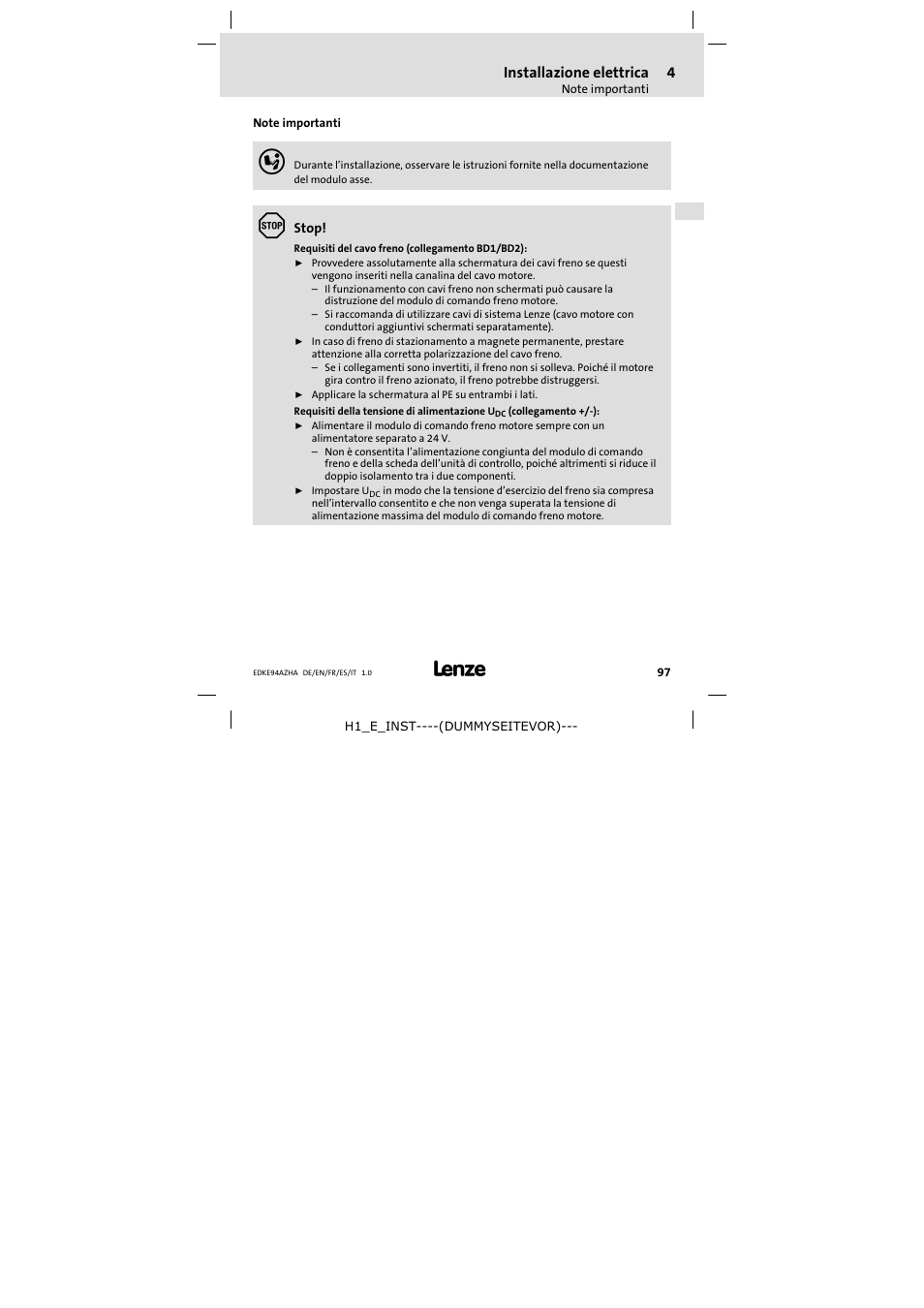 4 installazione elettrica, Note importanti, Installazione elettrica | Lenze E94AZHA0051 User Manual | Page 97 / 104