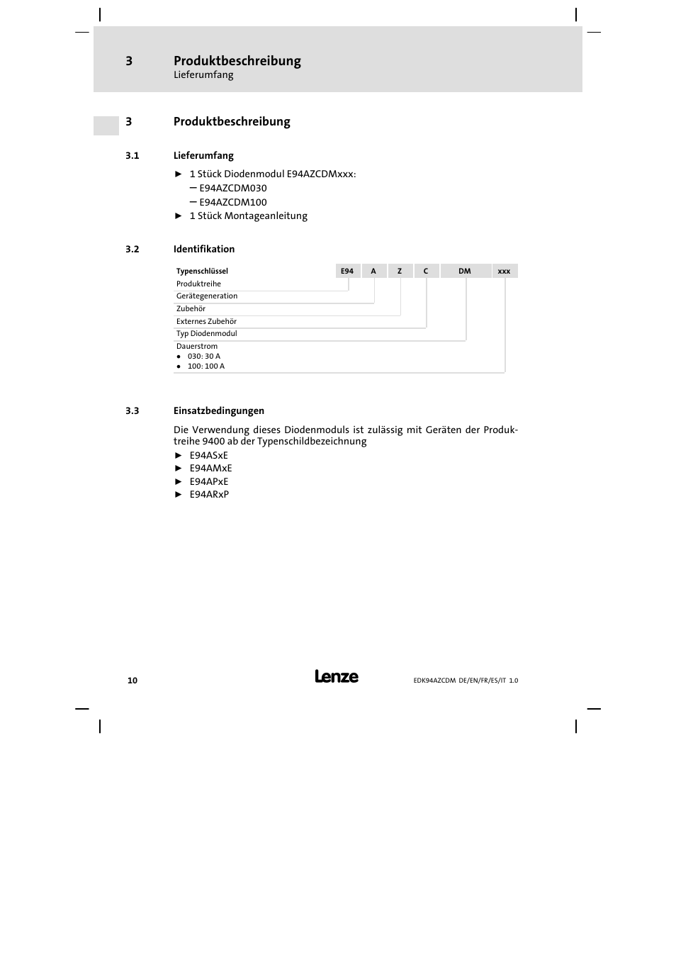 Produktbeschreibung, Lieferumfang, Identifikation | Einsatzbedingungen, 3produktbeschreibung | Lenze E94AZCDM100 User Manual | Page 10 / 72