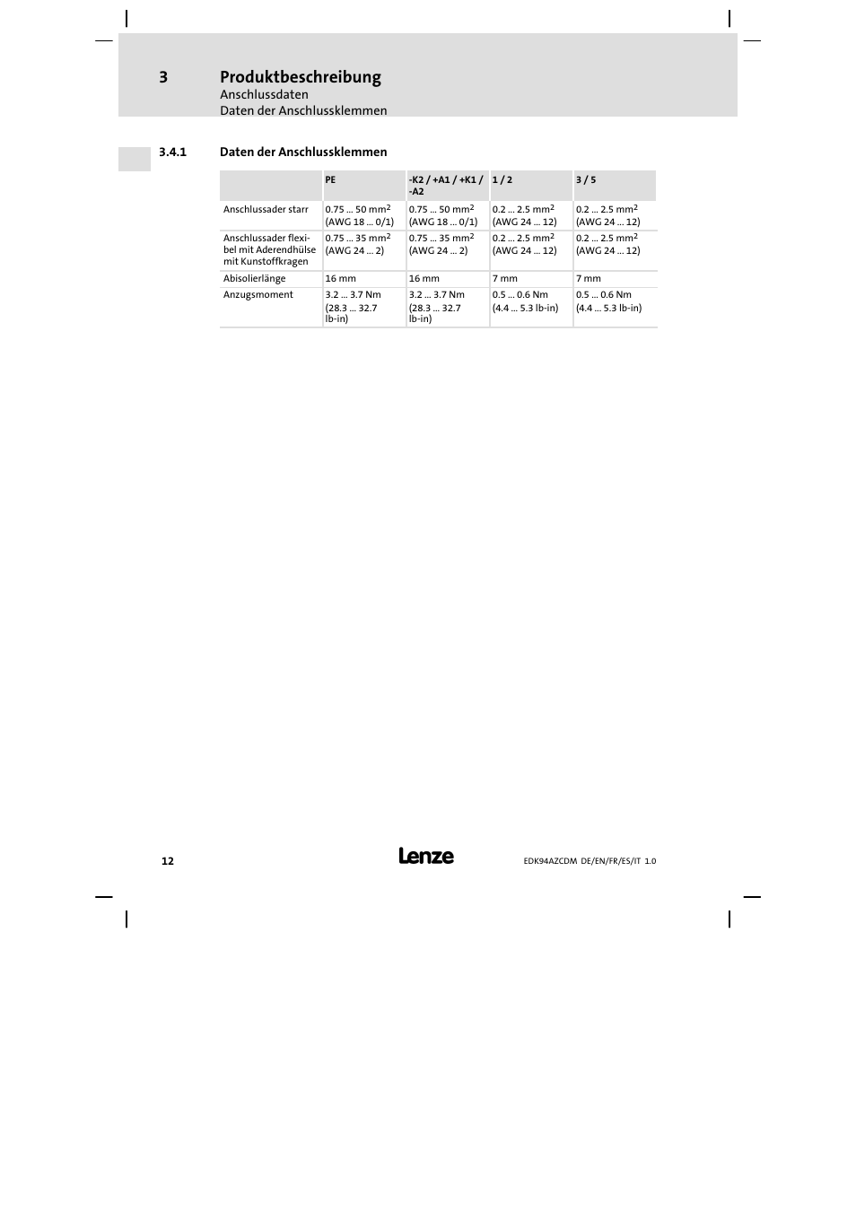 Daten der anschlussklemmen, Produktbeschreibung | Lenze E94AZCDM100 User Manual | Page 12 / 72