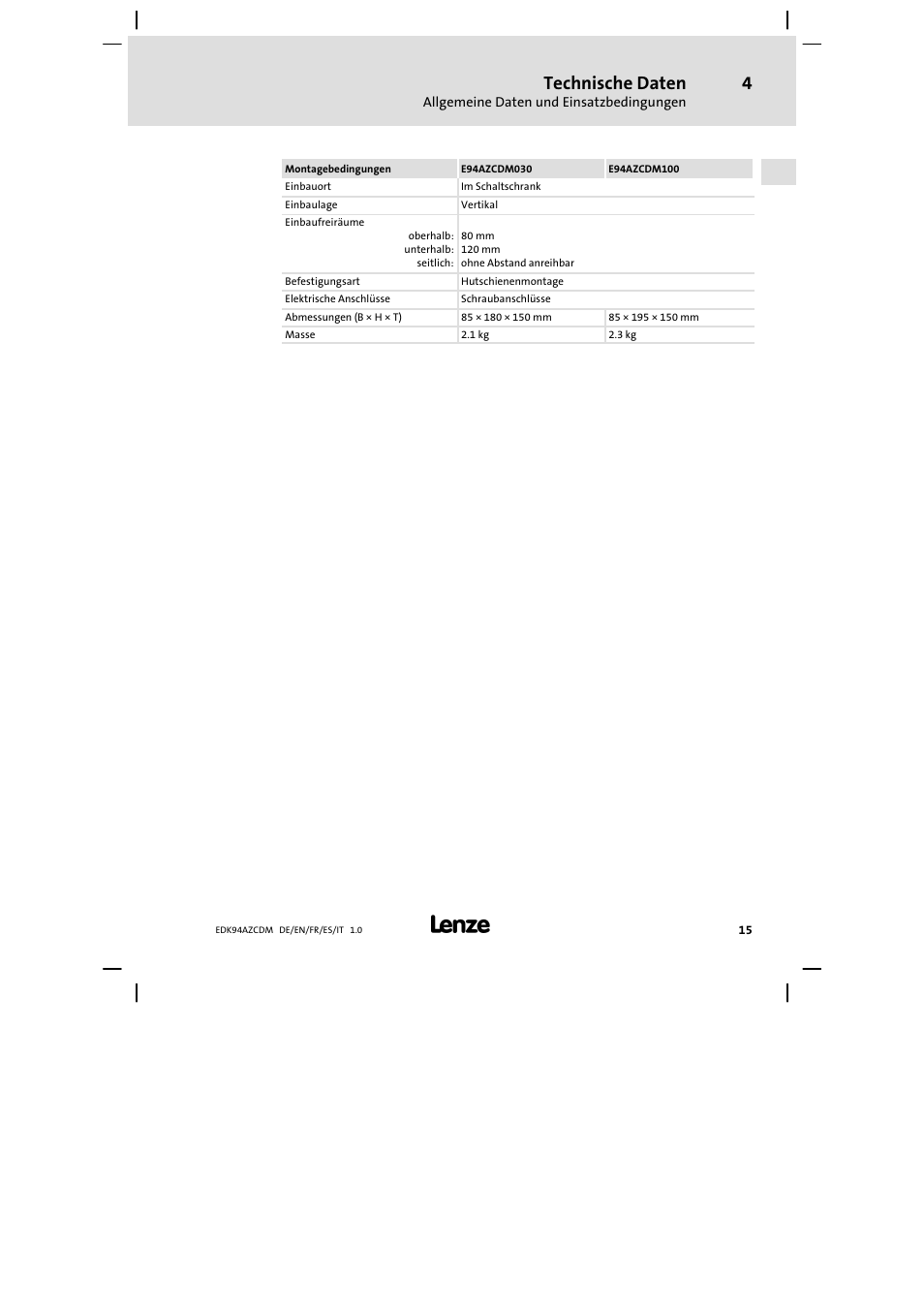 Technische daten | Lenze E94AZCDM100 User Manual | Page 15 / 72