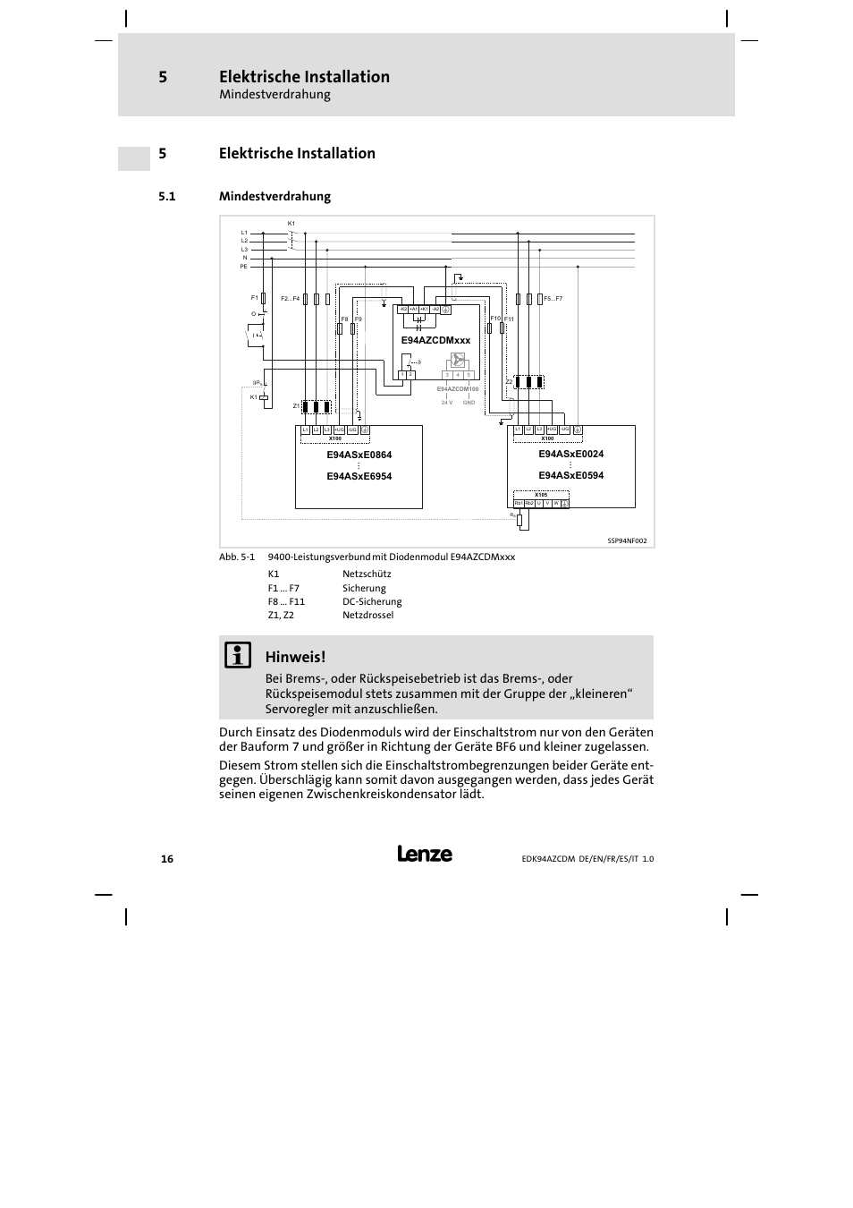 Elektrische installation, Mindestverdrahung, 5elektrische installation | Hinweis, 1 mindestverdrahung | Lenze E94AZCDM100 User Manual | Page 16 / 72