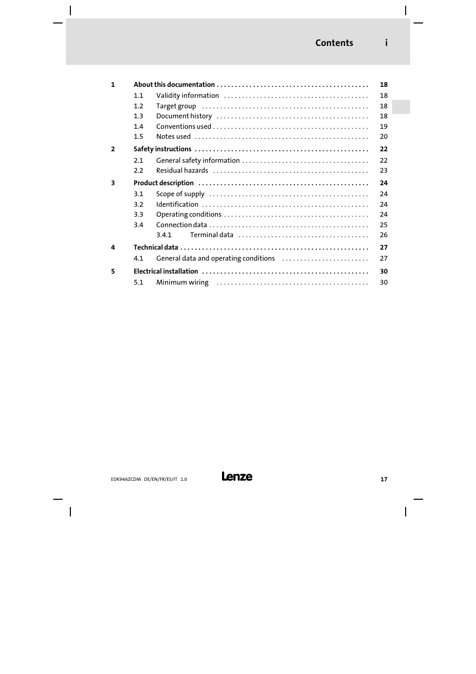 Contents i | Lenze E94AZCDM100 User Manual | Page 17 / 72