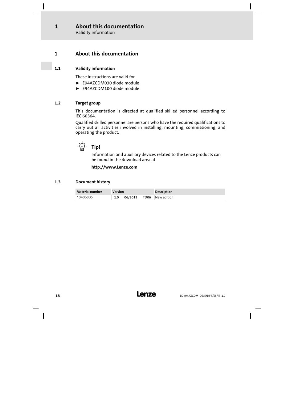 About this documentation, Validity information, Target group | Document history | Lenze E94AZCDM100 User Manual | Page 18 / 72