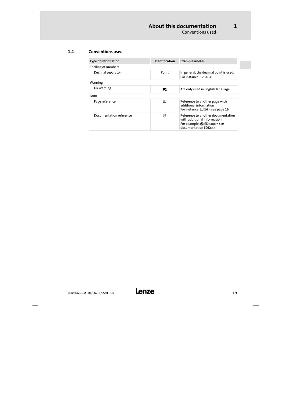 Conventions used, About this documentation | Lenze E94AZCDM100 User Manual | Page 19 / 72