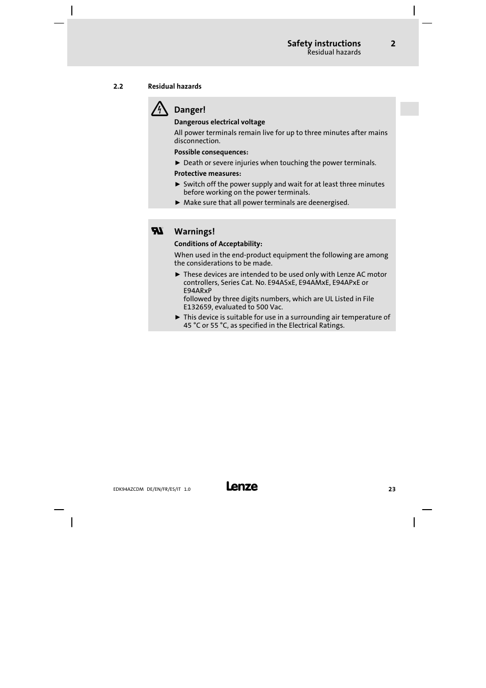 Residual hazards | Lenze E94AZCDM100 User Manual | Page 23 / 72