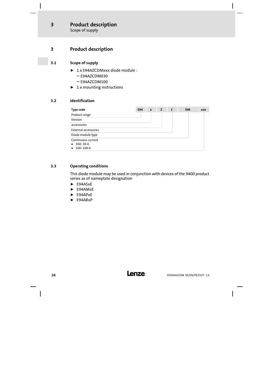 Product description, Scope of supply, Identification | Operating conditions, 3product description | Lenze E94AZCDM100 User Manual | Page 24 / 72