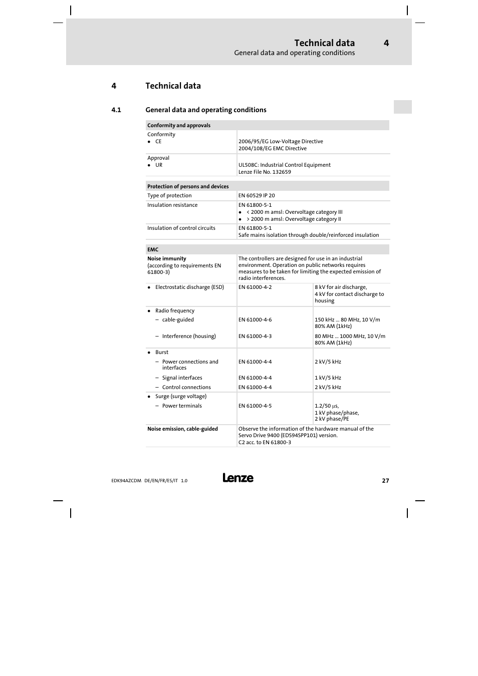 Technical data, General data and operating conditions, 4technical data | Lenze E94AZCDM100 User Manual | Page 27 / 72