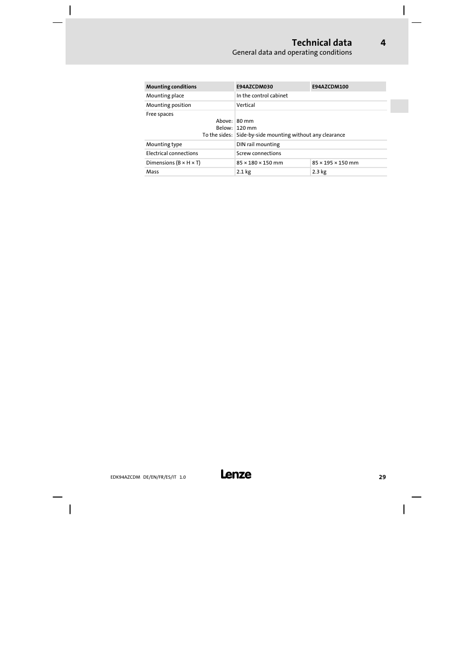 Technical data | Lenze E94AZCDM100 User Manual | Page 29 / 72