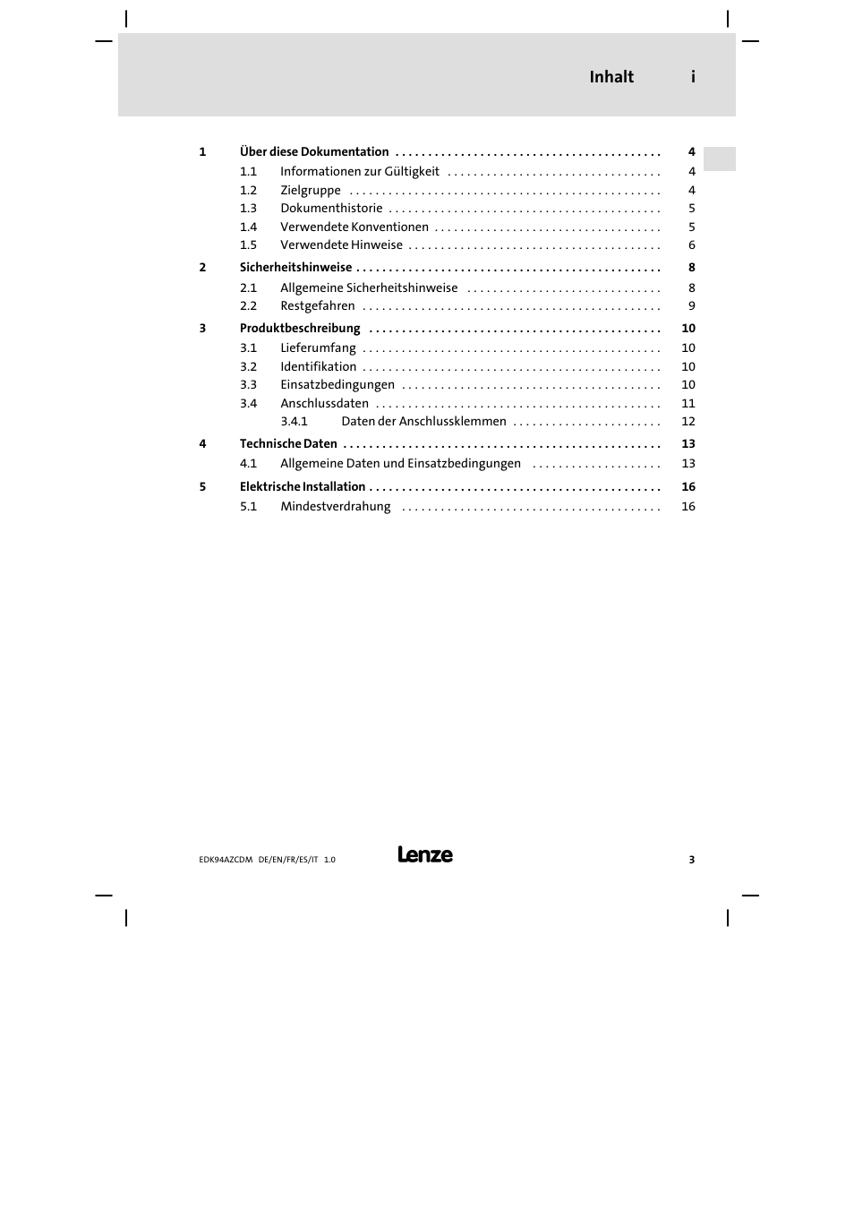 Inhalt i | Lenze E94AZCDM100 User Manual | Page 3 / 72