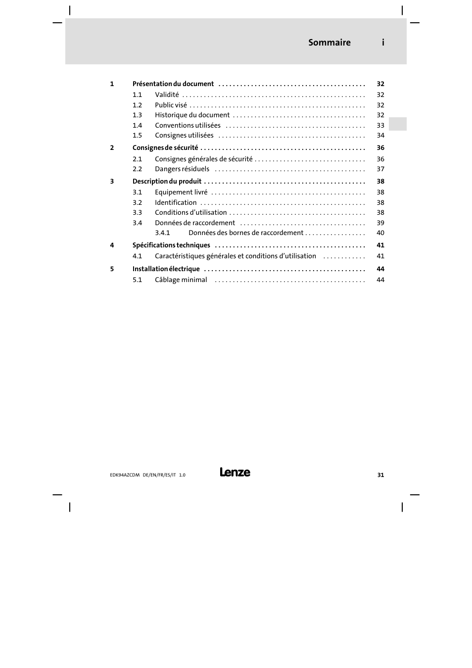 Sommaire i | Lenze E94AZCDM100 User Manual | Page 31 / 72