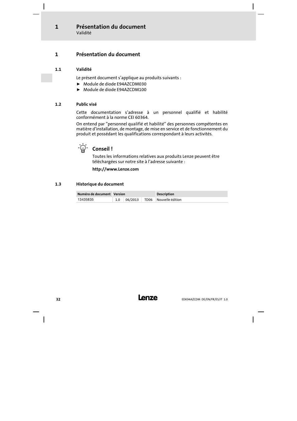 Présentation du document, Validité, Public visé | Historique du document | Lenze E94AZCDM100 User Manual | Page 32 / 72