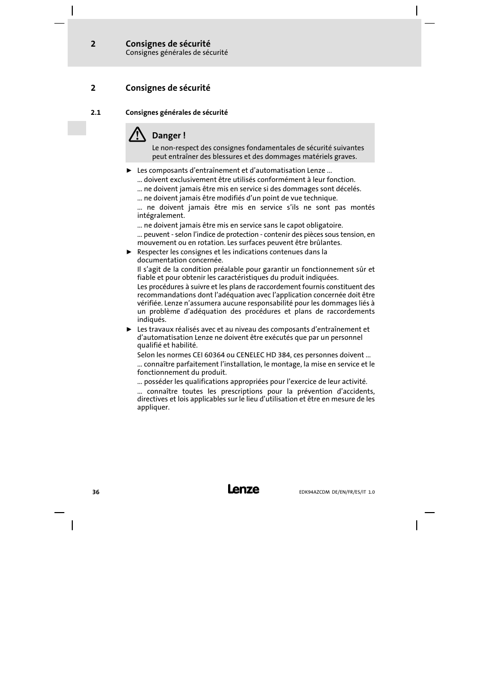 Consignes de sécurité, Consignes générales de sécurité | Lenze E94AZCDM100 User Manual | Page 36 / 72