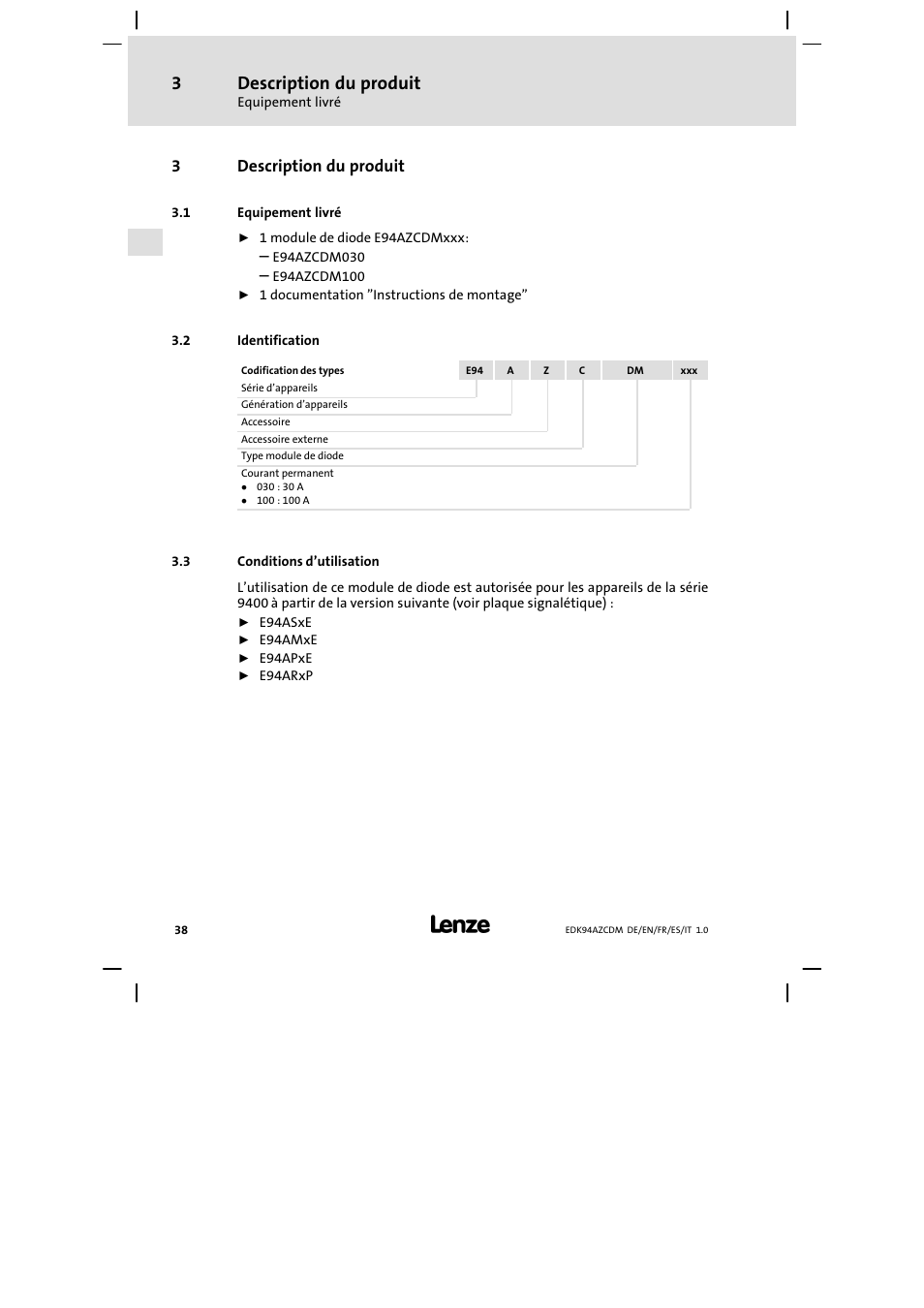 Description du produit, Equipement livré, Identification | Conditions d'utilisation, Conditions d’utilisation, 3description du produit | Lenze E94AZCDM100 User Manual | Page 38 / 72