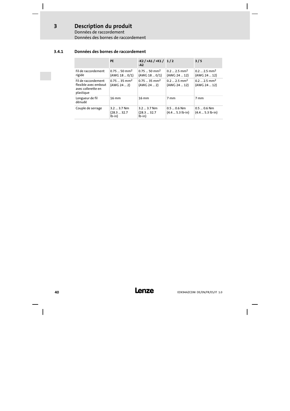 Données des bornes de raccordement, Description du produit | Lenze E94AZCDM100 User Manual | Page 40 / 72