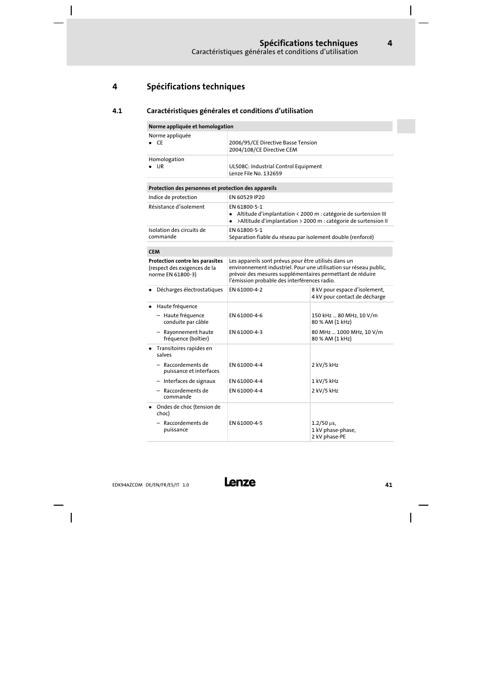 Spécifications techniques, 4spécifications techniques | Lenze E94AZCDM100 User Manual | Page 41 / 72